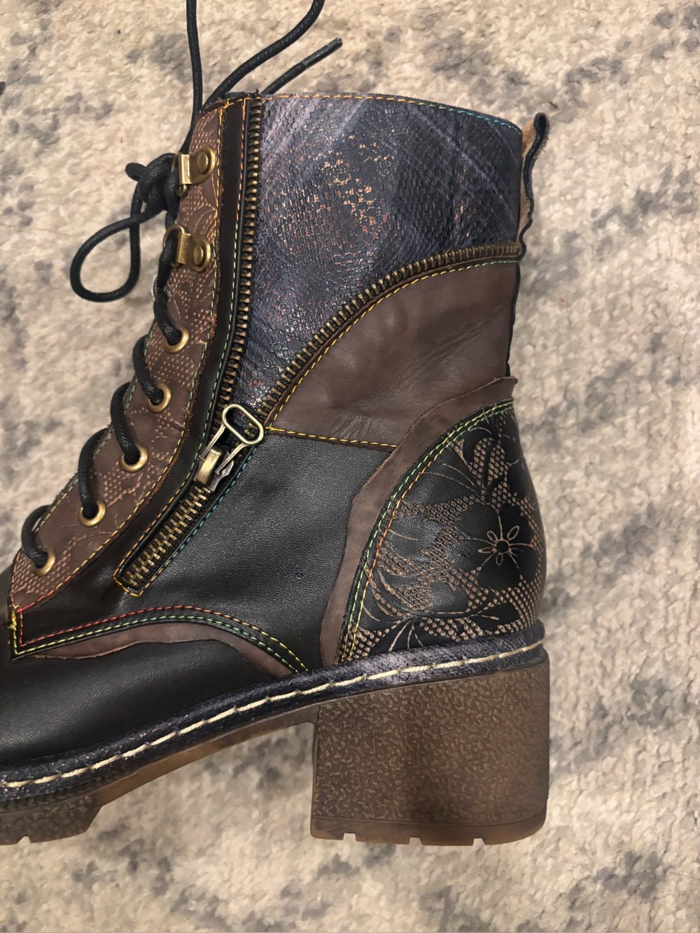 Spring Step L’A’rtiste Brown and Black Lace-Up Ankle Boots with Side Zip